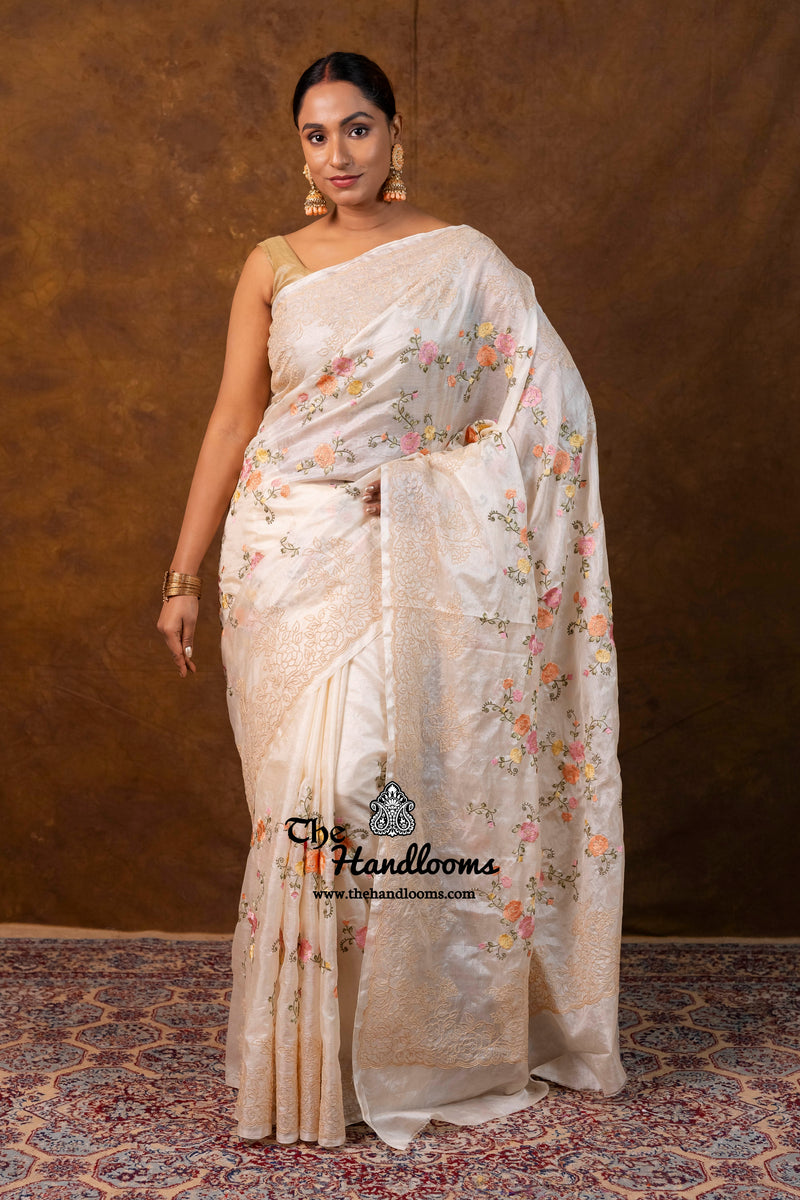 Tussar Silk Handloom Banarasi Saree With Chikankari