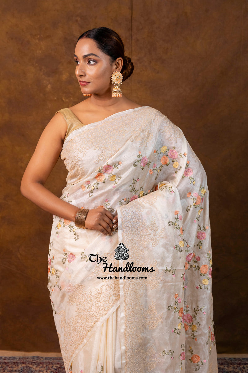 Tussar Silk Handloom Banarasi Saree With Chikankari