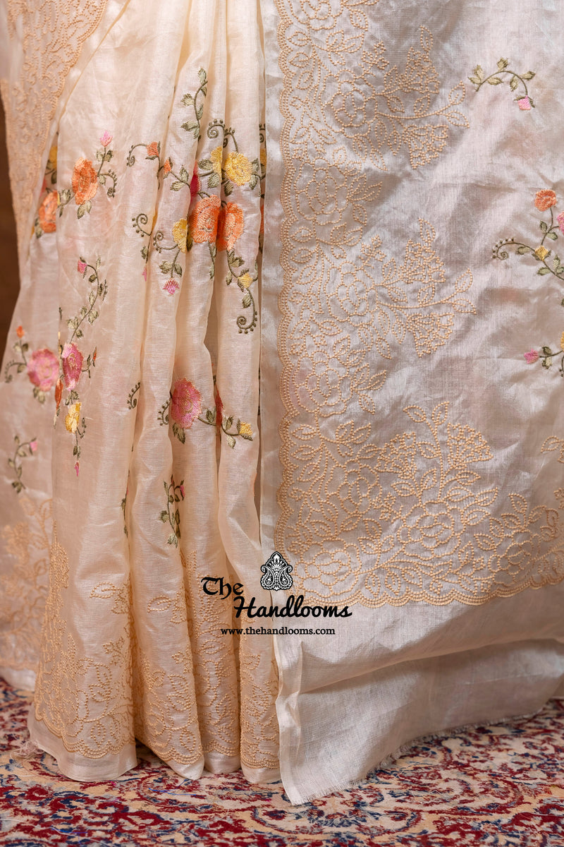 Tussar Silk Handloom Banarasi Saree With Chikankari