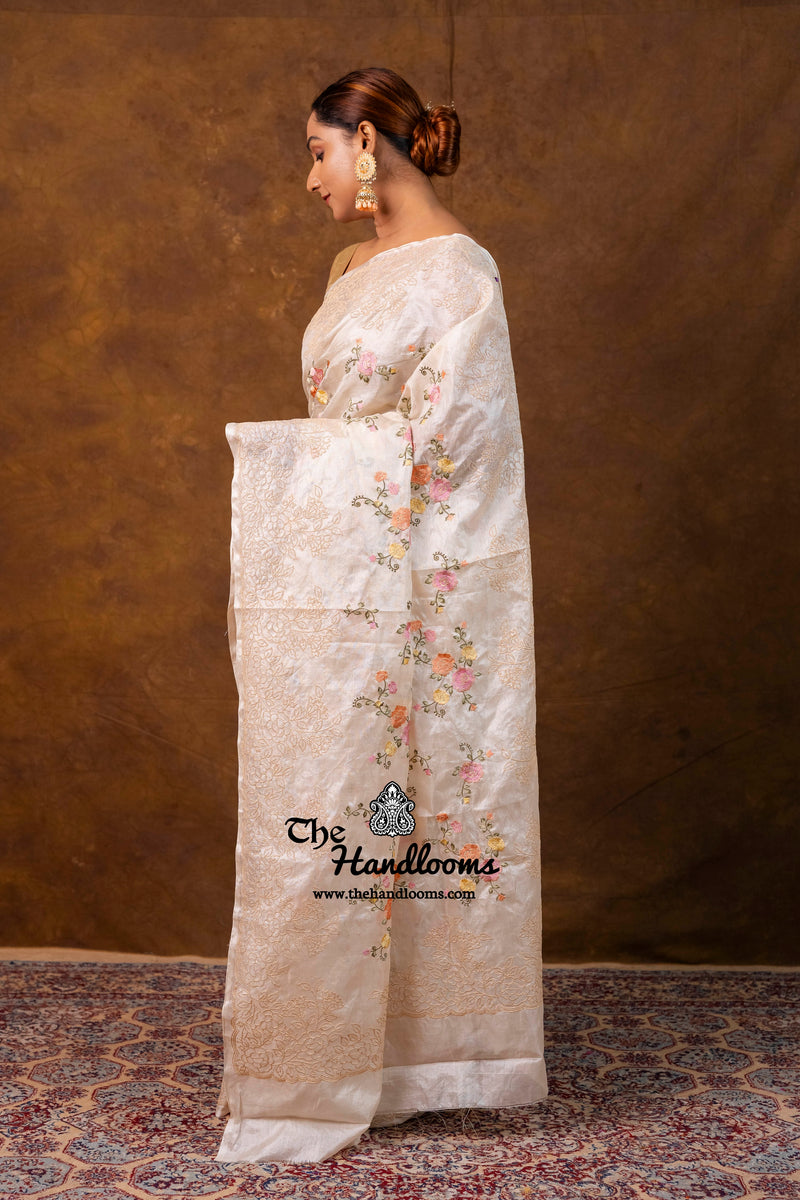 Tussar Silk Handloom Banarasi Saree With Chikankari