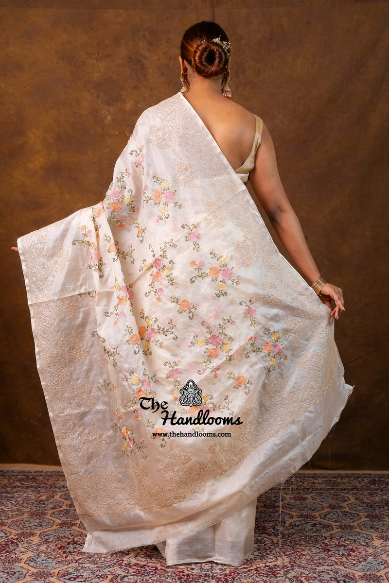 Tussar Silk Handloom Banarasi Saree With Chikankari