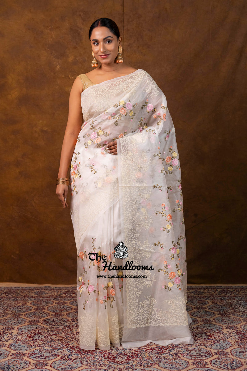 White Pure Organza Chikankari Handloom Banarasi Saree
