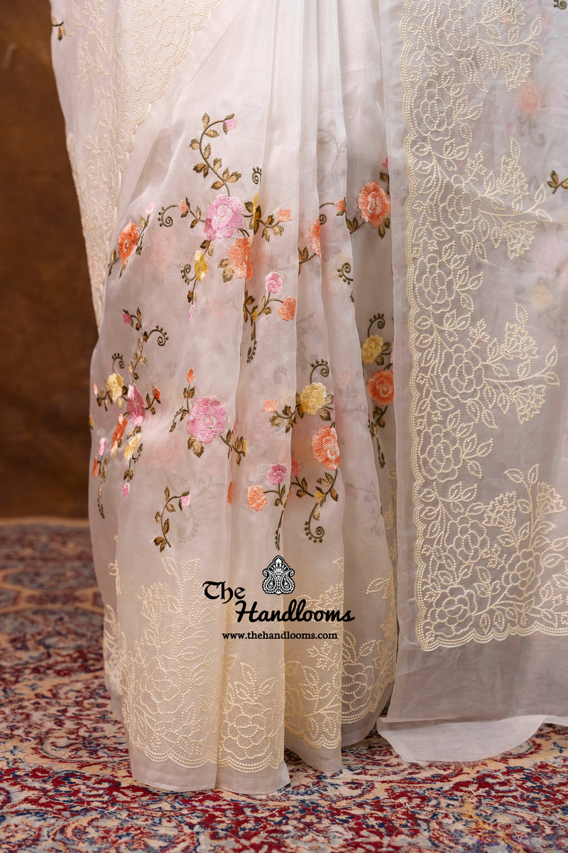 White Pure Organza Chikankari Handloom Banarasi Saree