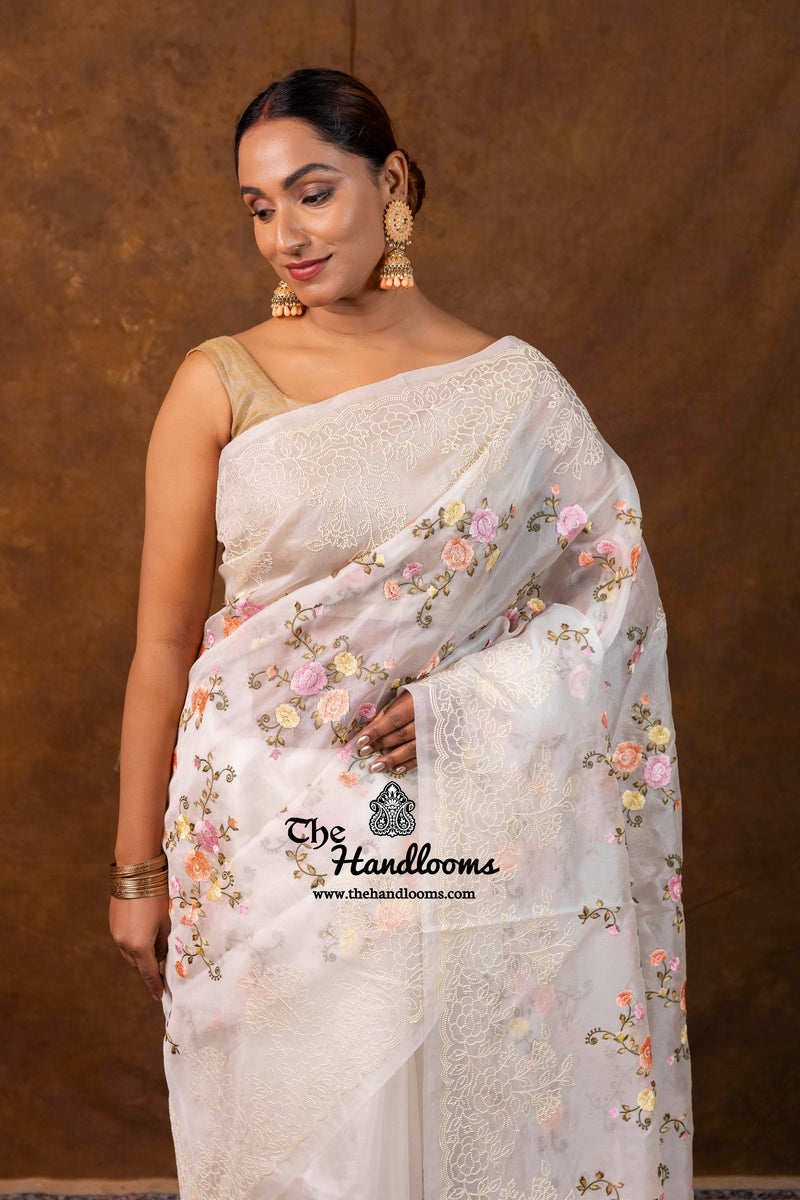 White Pure Organza Chikankari Handloom Banarasi Saree