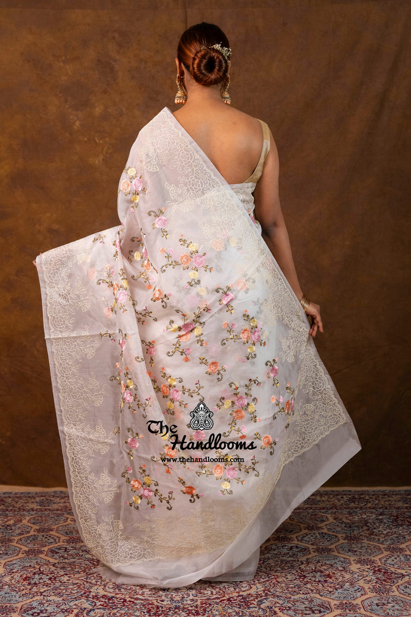 White Pure Organza Chikankari Handloom Banarasi Saree