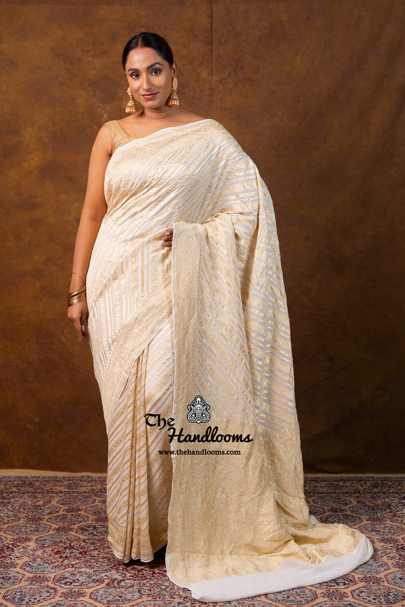White Khaddi Georgette Handloom Banarasi Saree - Water Zari