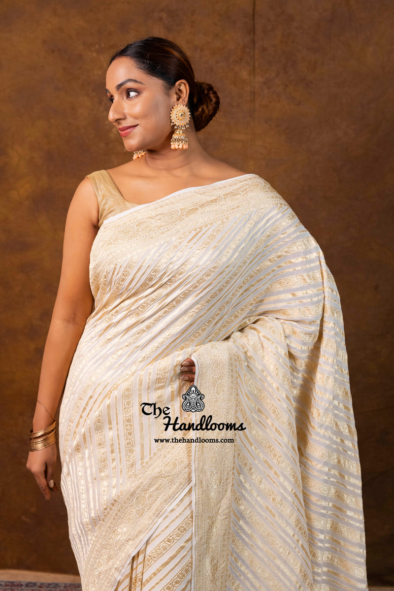 White Khaddi Georgette Handloom Banarasi Saree - Water Zari