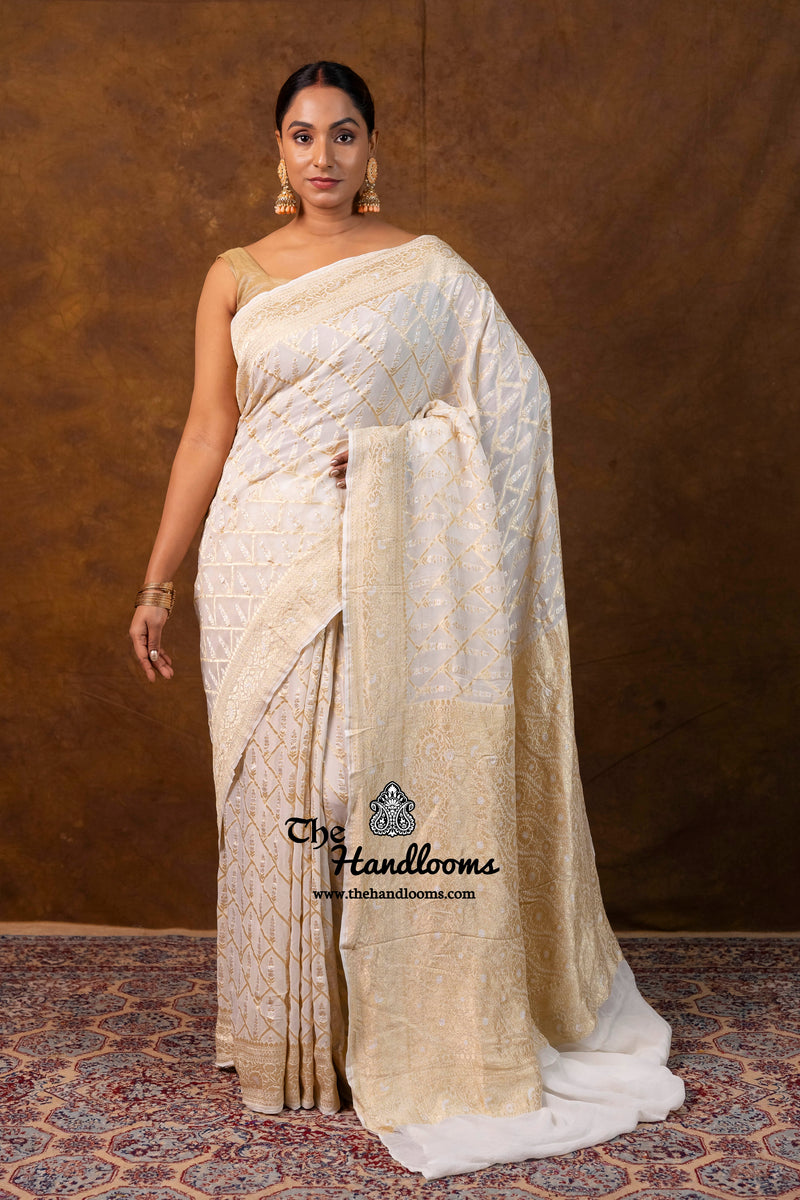 White Khaddi Georgette Handloom Banarasi Saree - Water Zari