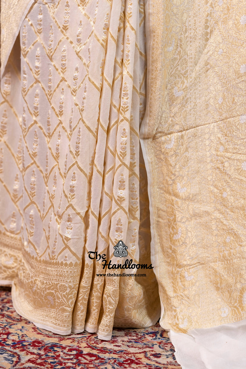 White Khaddi Georgette Handloom Banarasi Saree - Water Zari