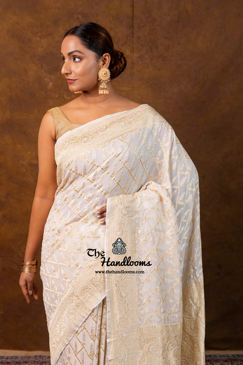White Khaddi Georgette Handloom Banarasi Saree - Water Zari