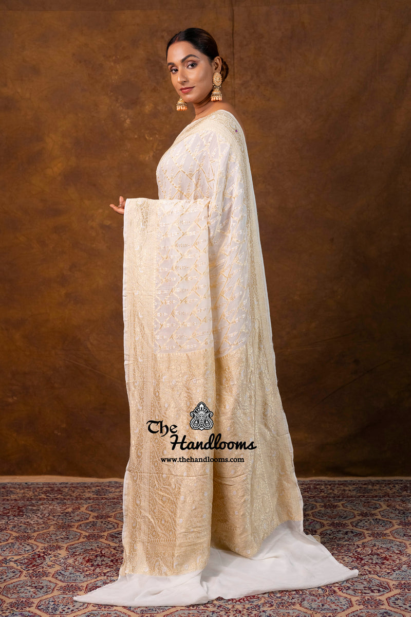 White Khaddi Georgette Handloom Banarasi Saree - Water Zari