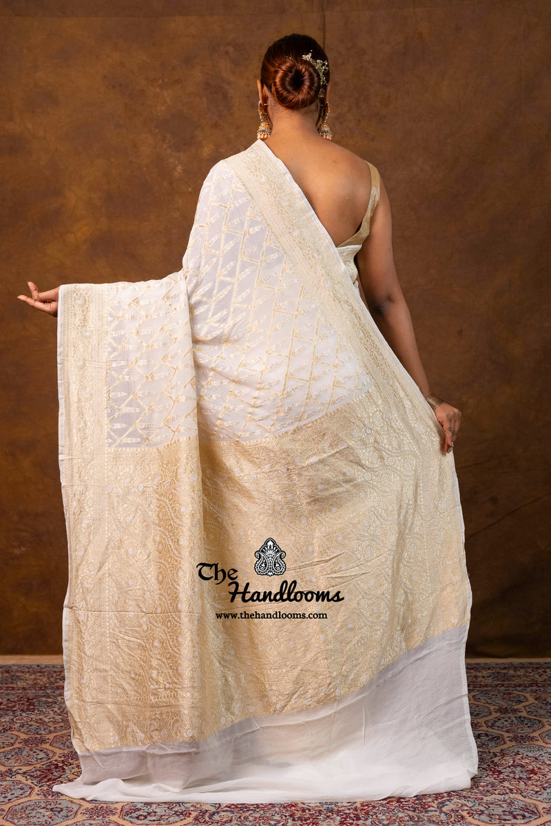 White Khaddi Georgette Handloom Banarasi Saree - Water Zari