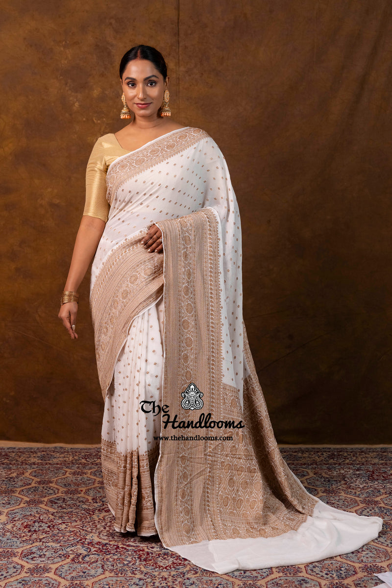 White Pure Khaddi Georgette Handloom Banarasi Saree - Antique Zari