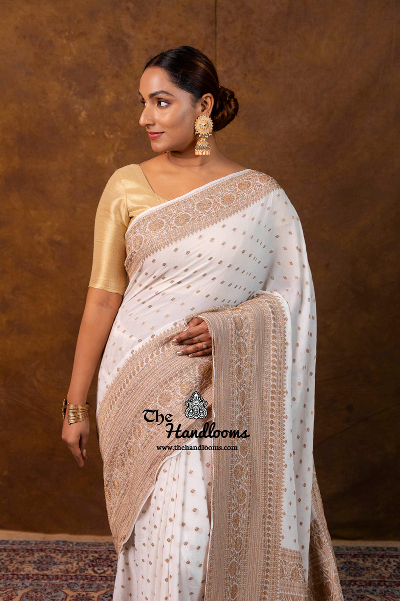 White Pure Khaddi Georgette Handloom Banarasi Saree - Antique Zari