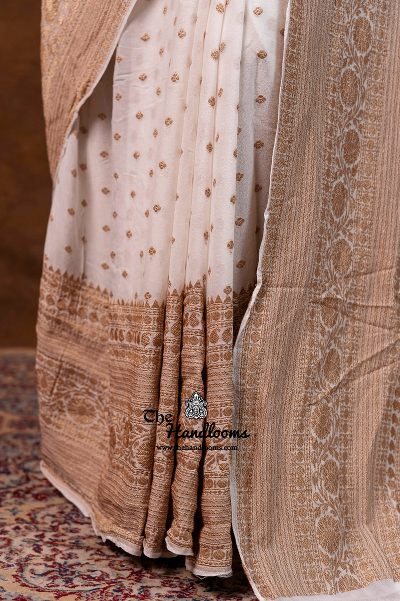 White Pure Khaddi Georgette Handloom Banarasi Saree - Antique Zari