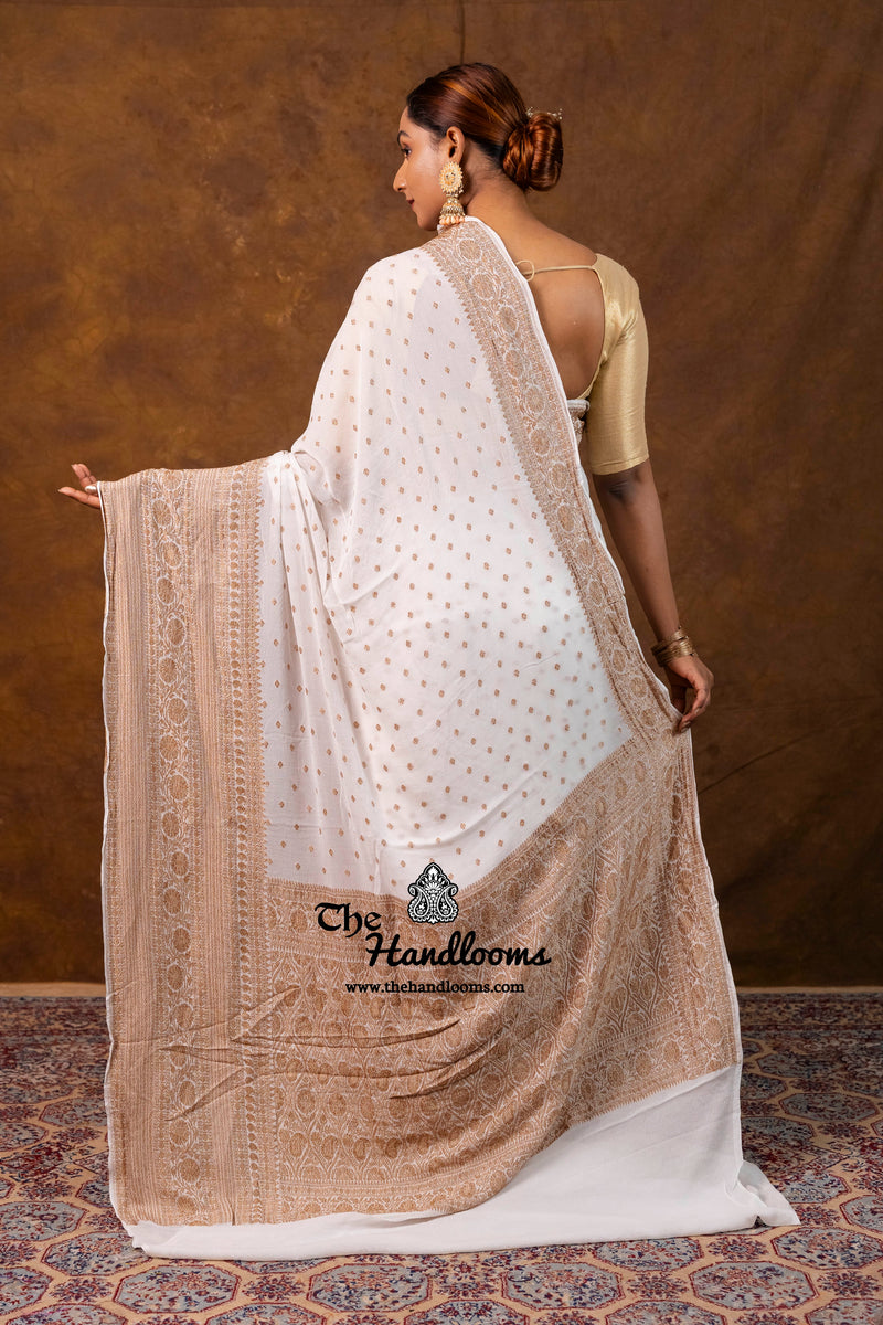 White Pure Khaddi Georgette Handloom Banarasi Saree - Antique Zari