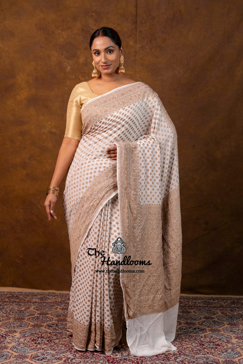 White Pure Khaddi Georgette Handloom Banarasi Saree - Antique Zari