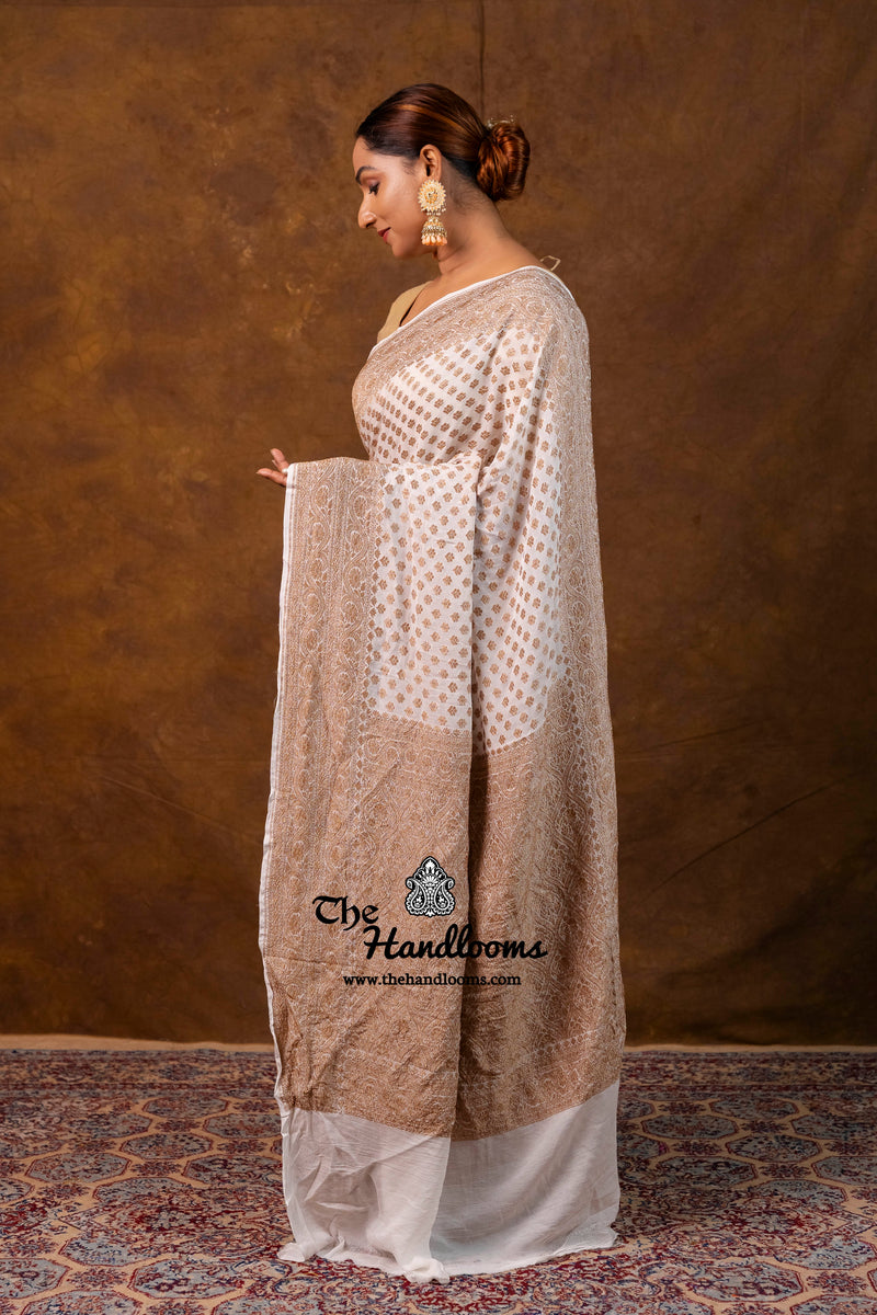 White Pure Khaddi Georgette Handloom Banarasi Saree - Antique Zari