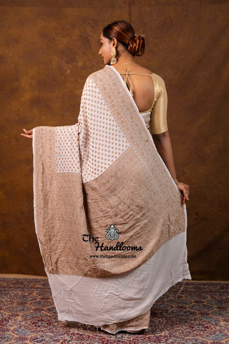 White Pure Khaddi Georgette Handloom Banarasi Saree - Antique Zari