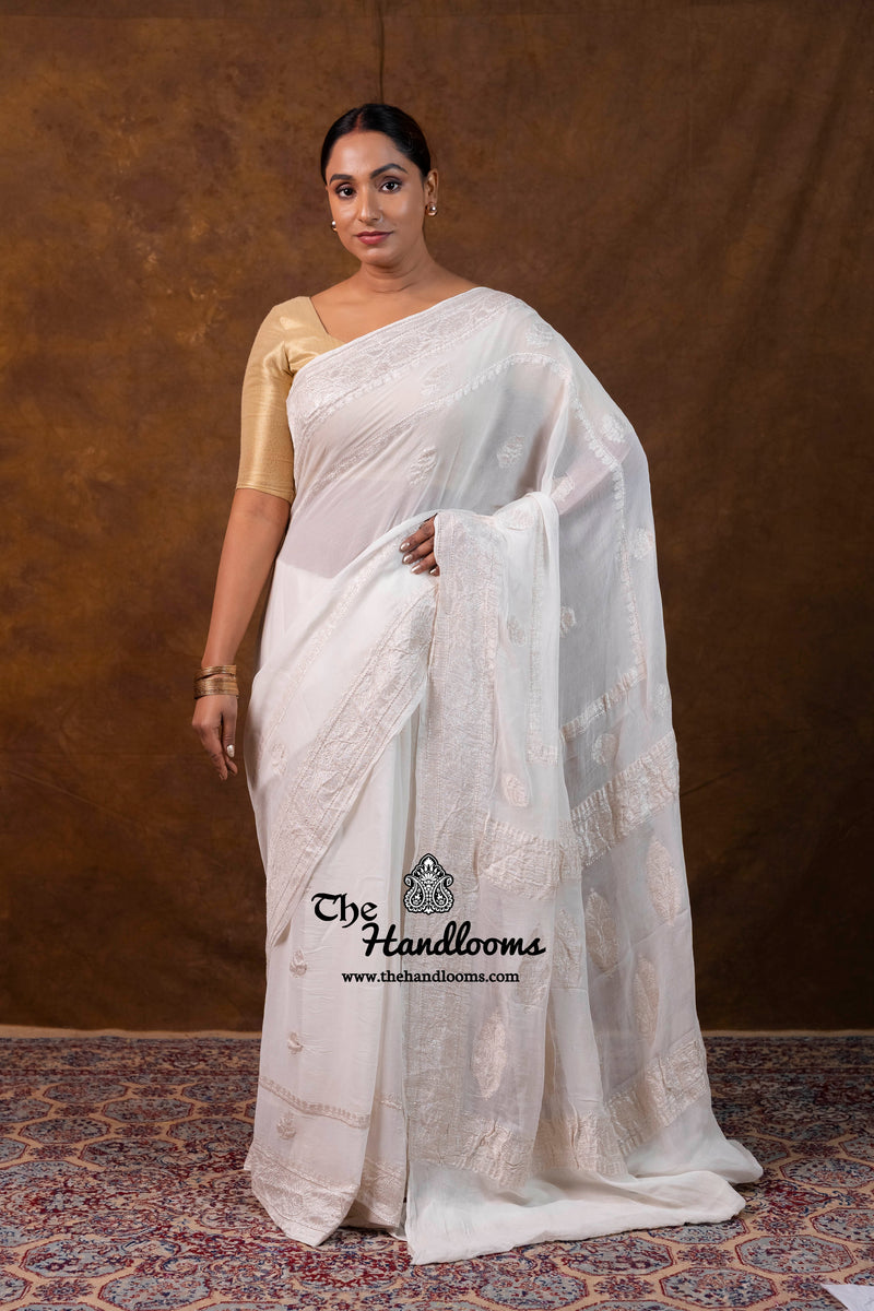 White Pure Georgette Banarasi Handloom Saree