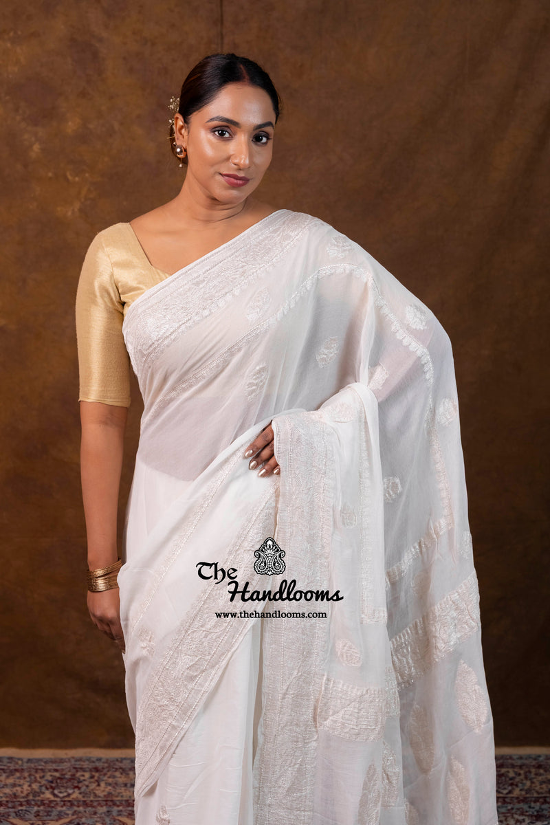 White Pure Georgette Banarasi Handloom Saree