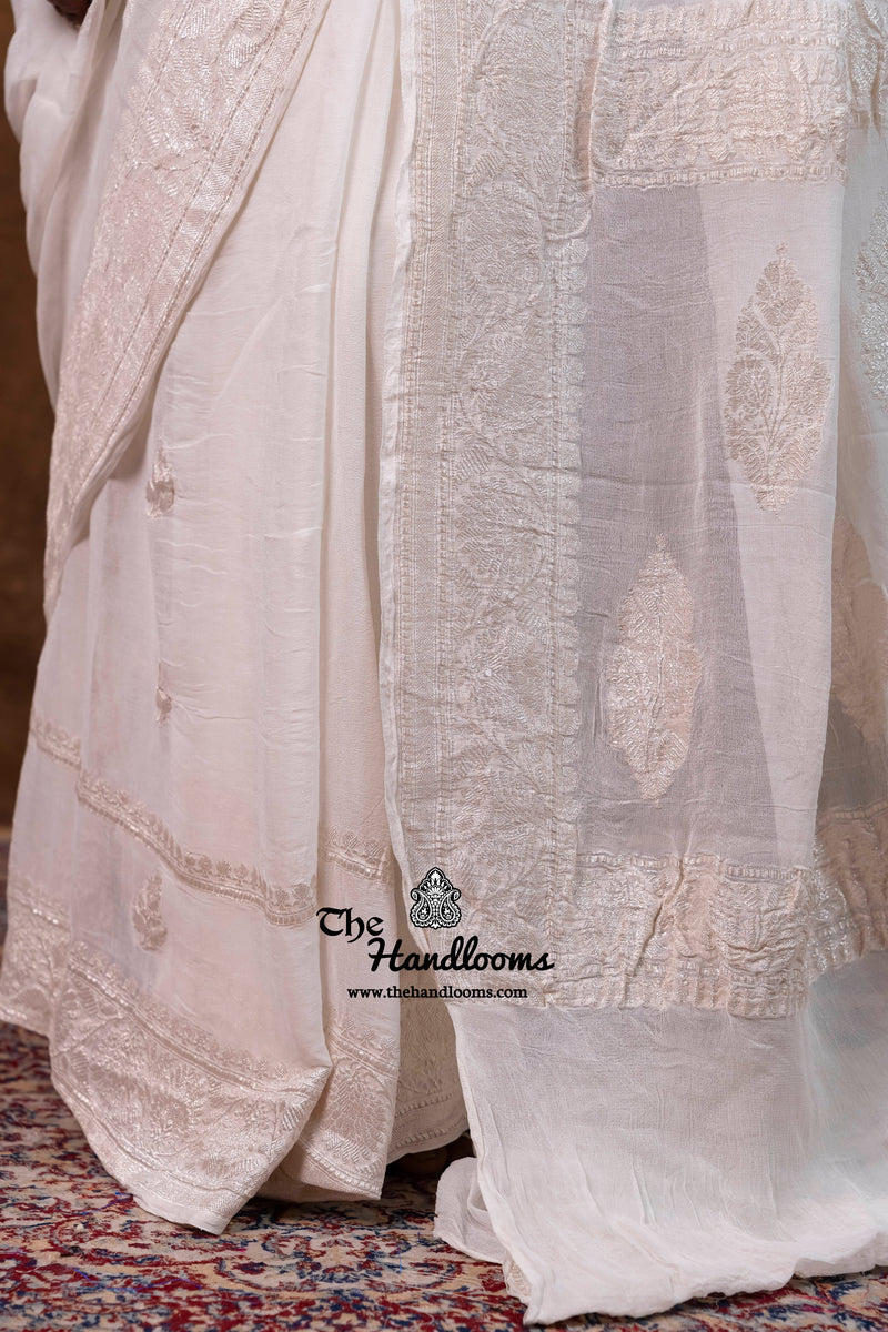 White Pure Georgette Banarasi Handloom Saree