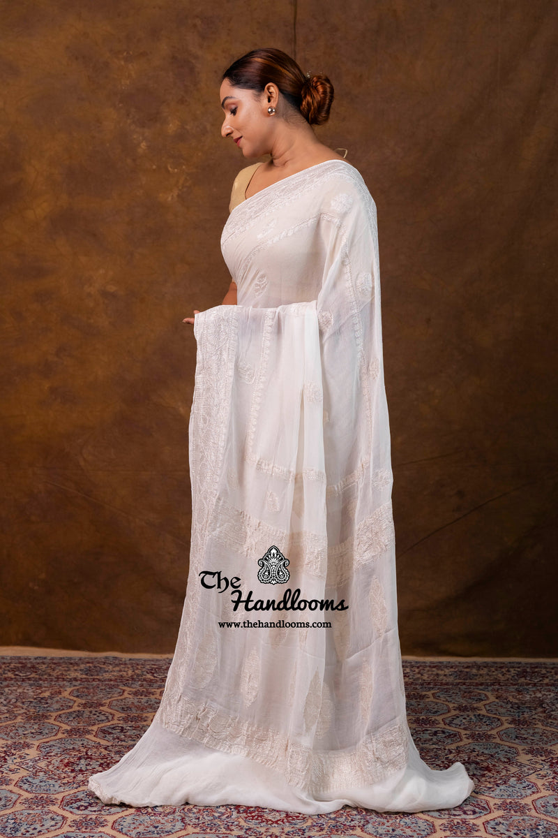 White Pure Georgette Banarasi Handloom Saree