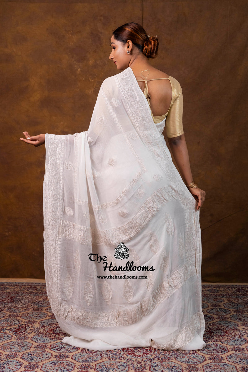 White Pure Georgette Banarasi Handloom Saree
