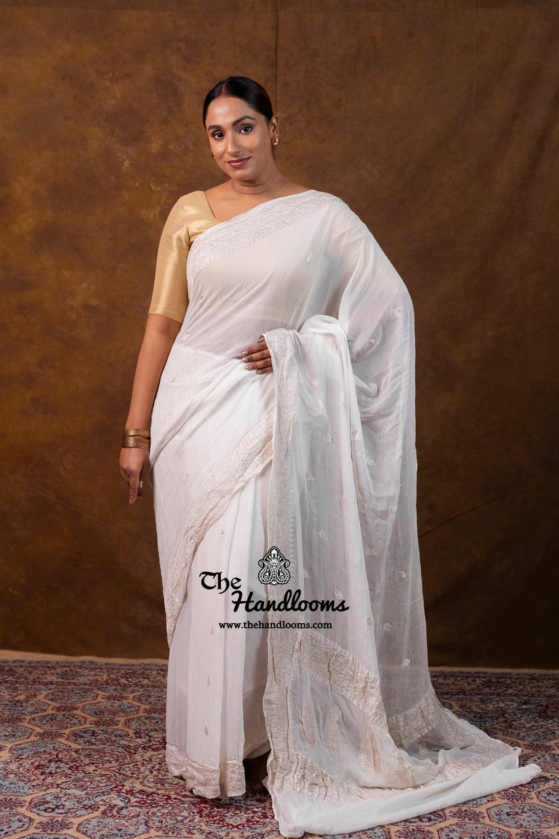 White Pure Georgette Banarasi Handloom Saree