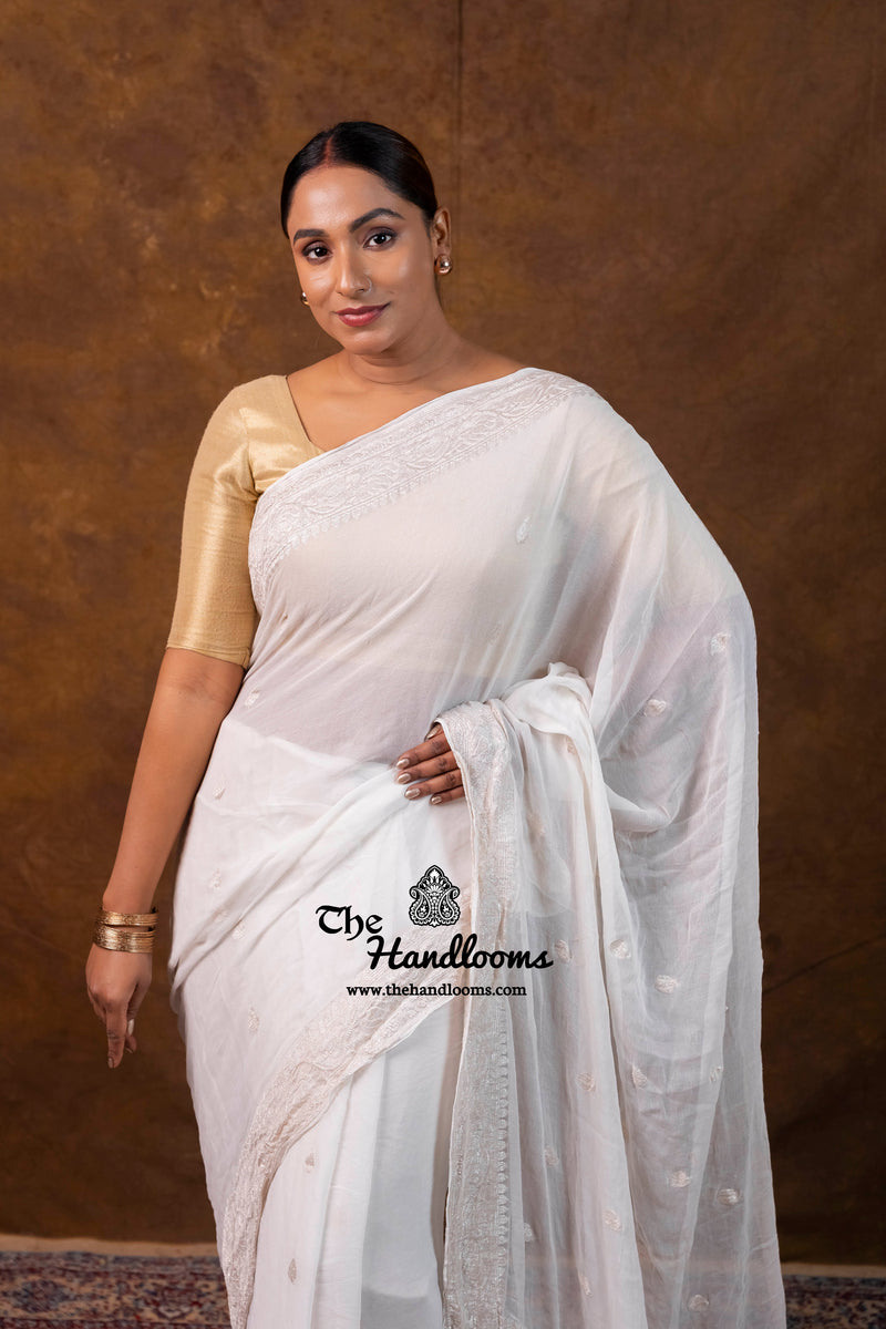 White Pure Georgette Banarasi Handloom Saree