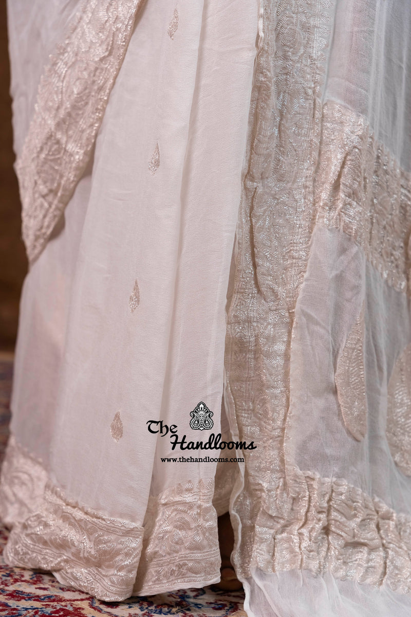 White Pure Georgette Banarasi Handloom Saree