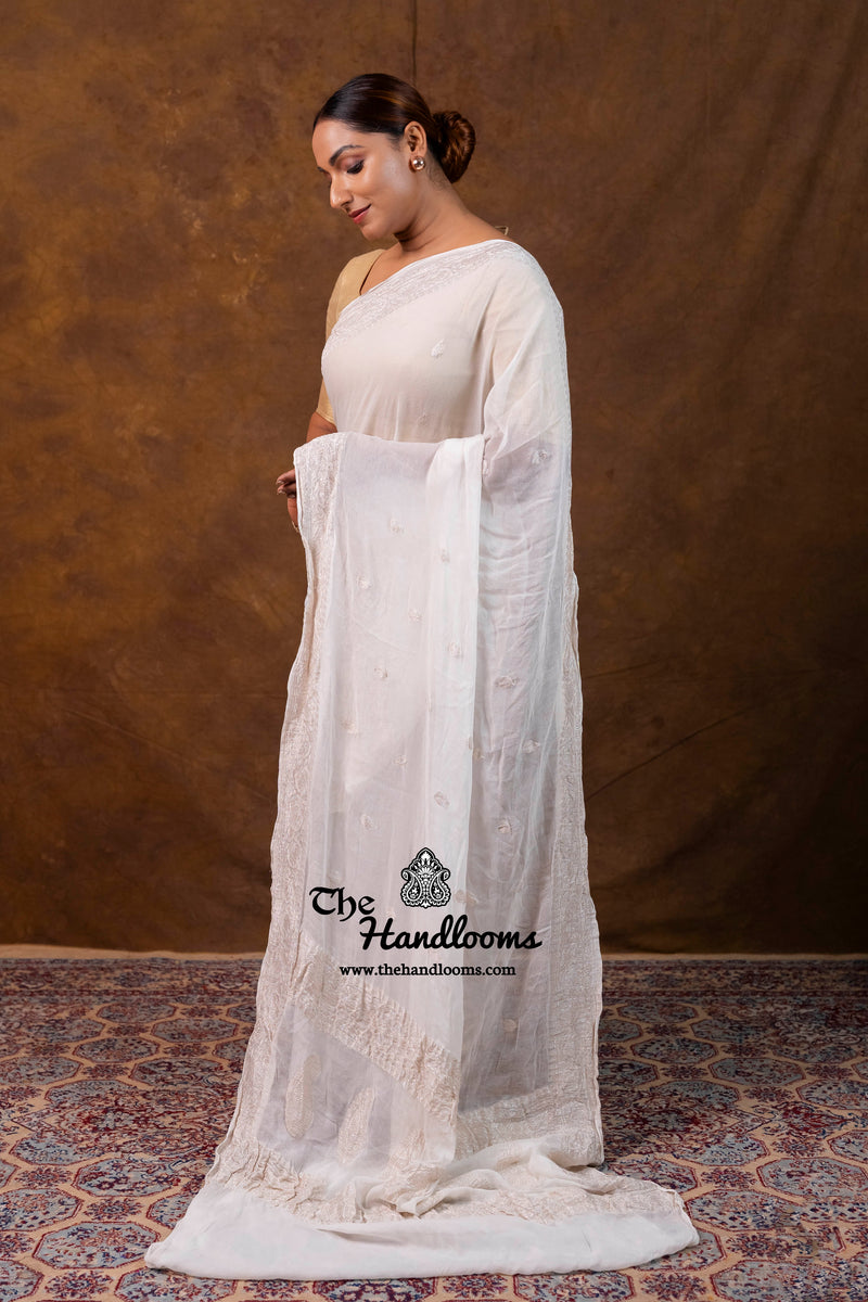 White Pure Georgette Banarasi Handloom Saree