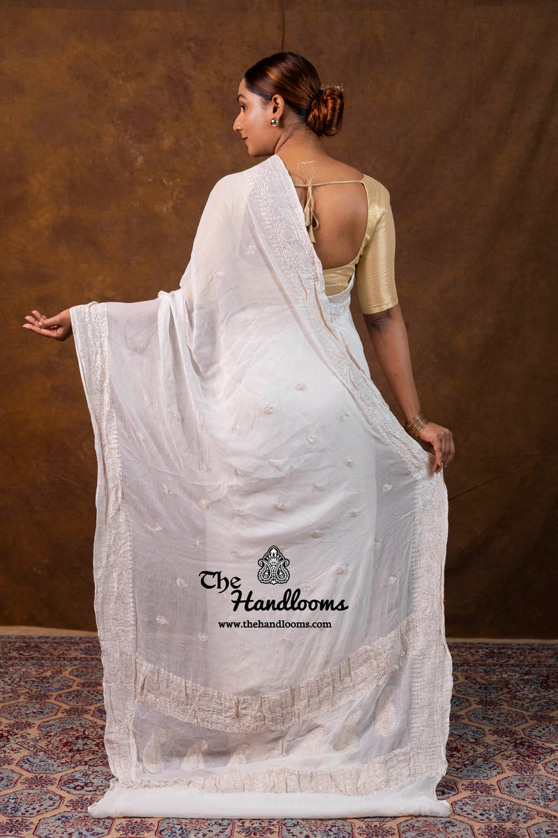 White Pure Georgette Banarasi Handloom Saree