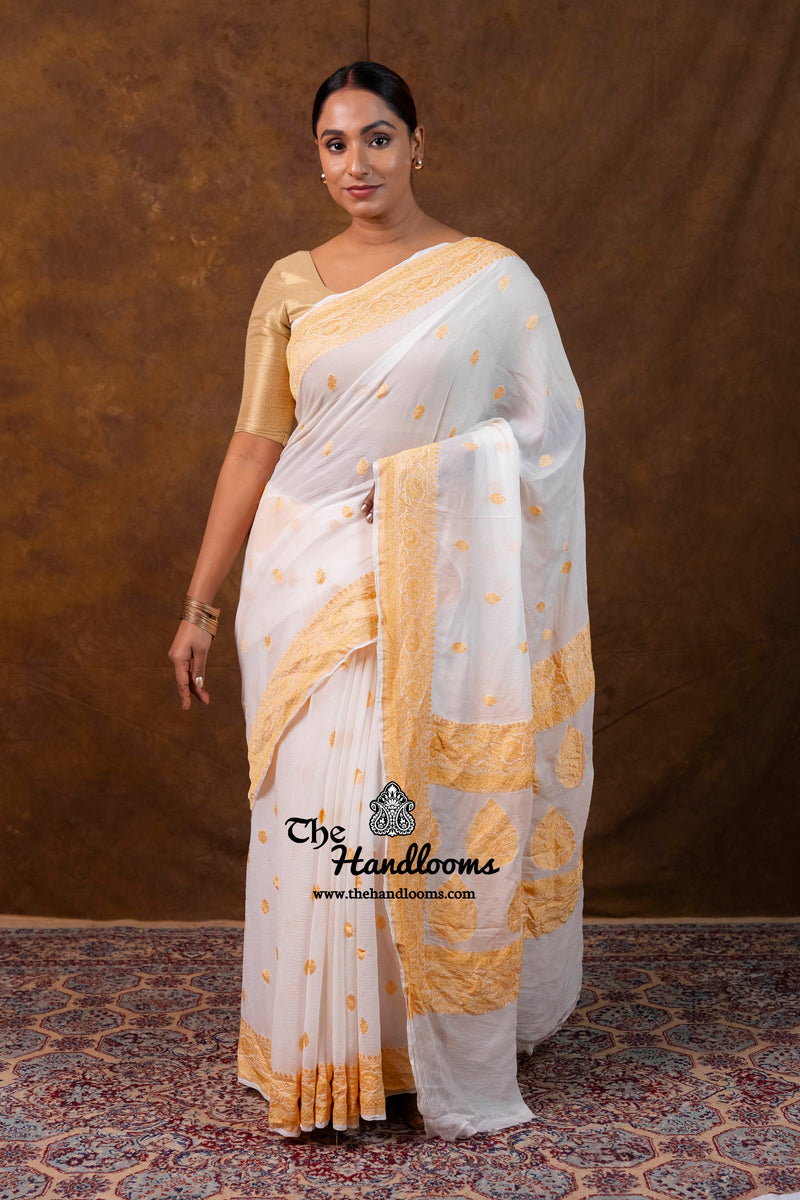 White Pure Georgette Banarasi Saree - Gold Zari