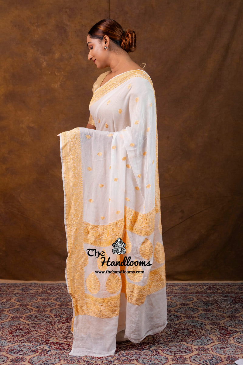 White Pure Georgette Banarasi Saree - Gold Zari