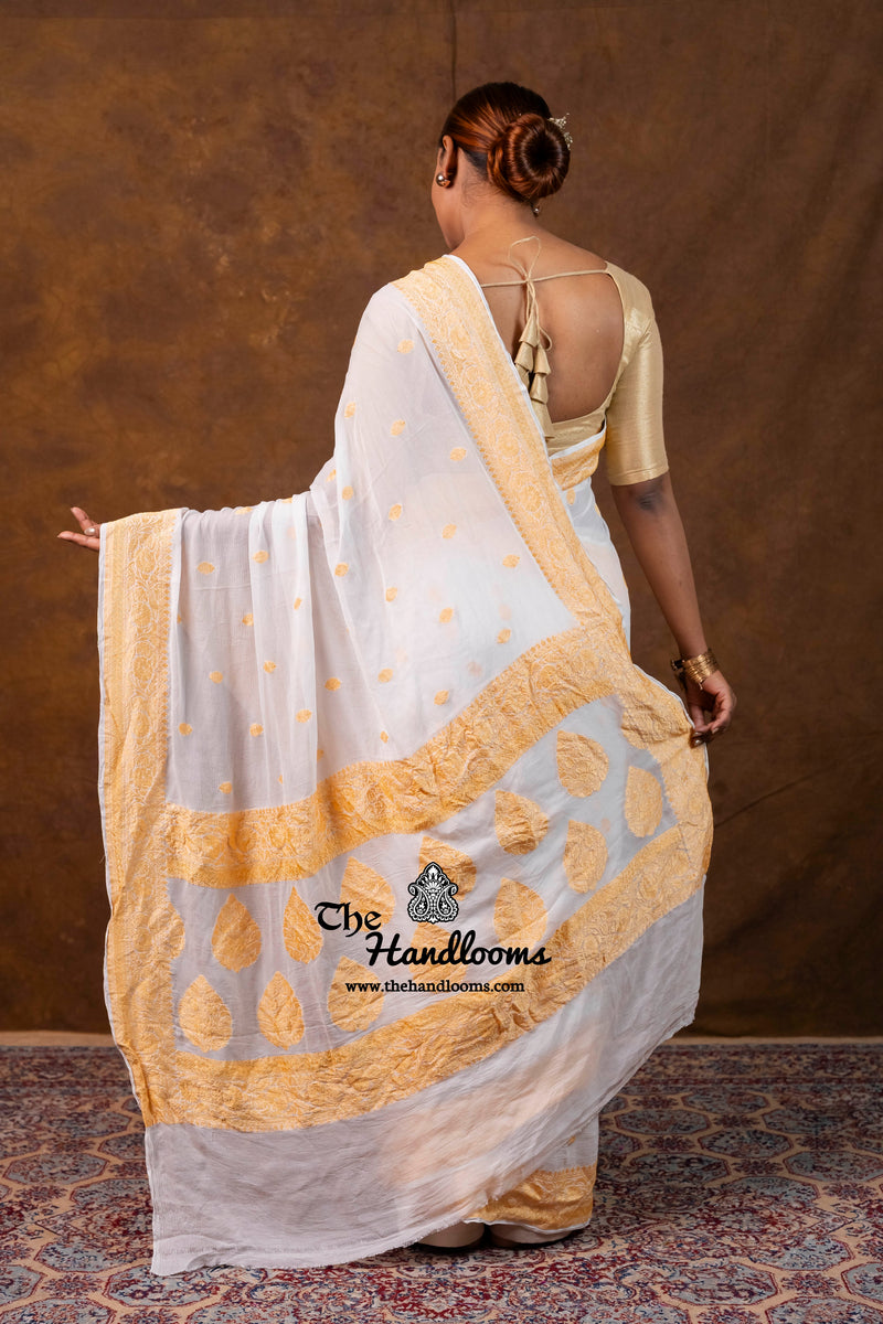 White Pure Georgette Banarasi Saree - Gold Zari