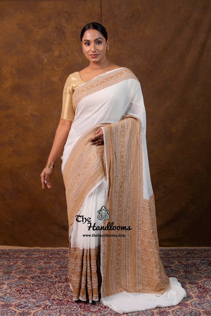 White Pure Khaddi Georgette Handloom Banarasi Saree - Antique Zari
