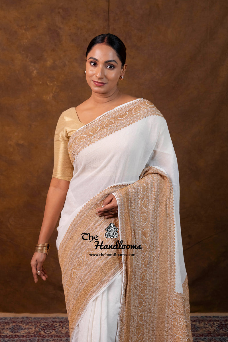 White Pure Khaddi Georgette Handloom Banarasi Saree - Antique Zari