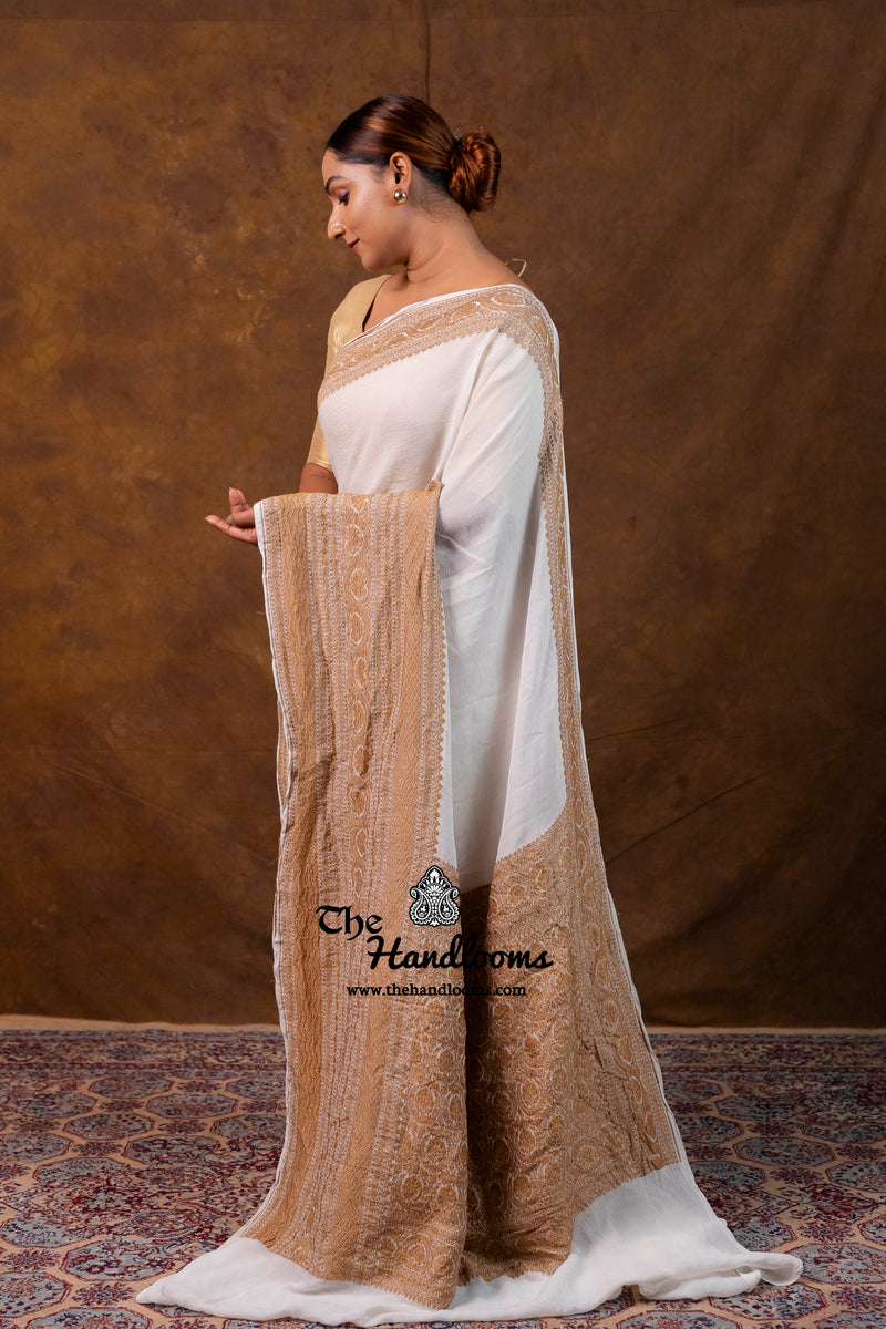 White Pure Khaddi Georgette Handloom Banarasi Saree - Antique Zari