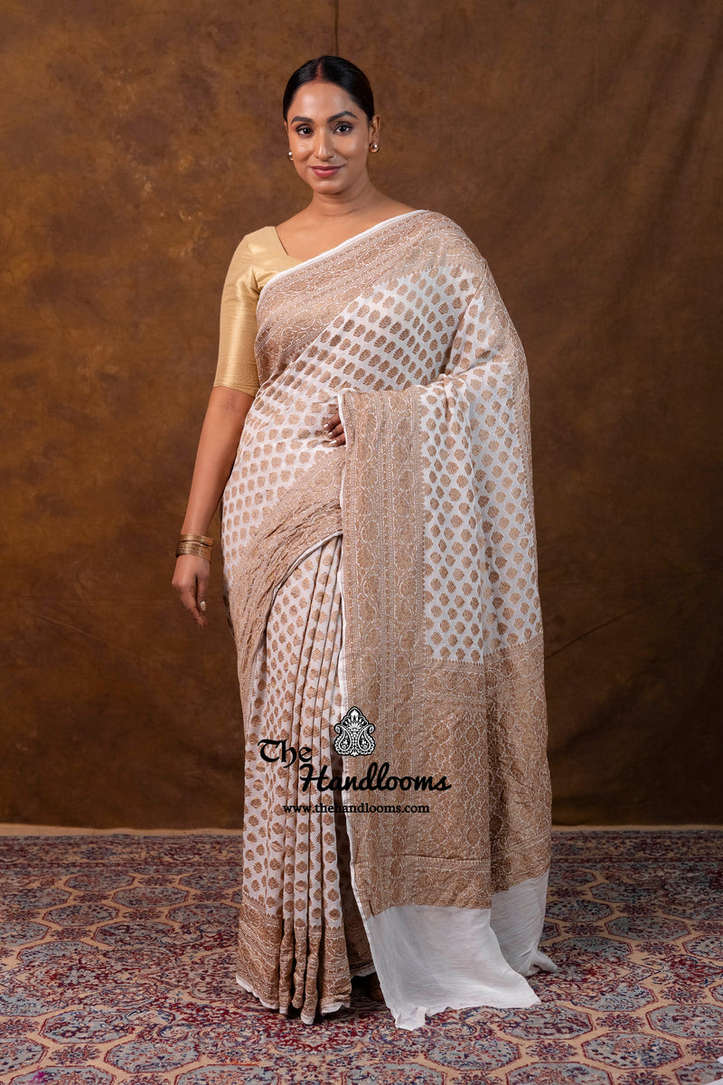 White Pure Khaddi Georgette Handloom Banarasi Saree - Antique Zari
