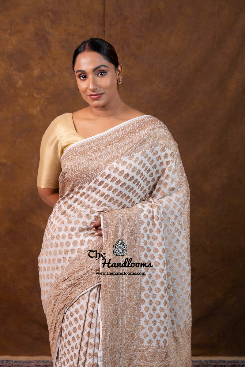 White Pure Khaddi Georgette Handloom Banarasi Saree - Antique Zari