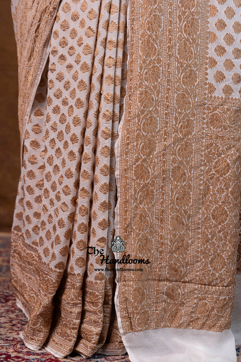 White Pure Khaddi Georgette Handloom Banarasi Saree - Antique Zari