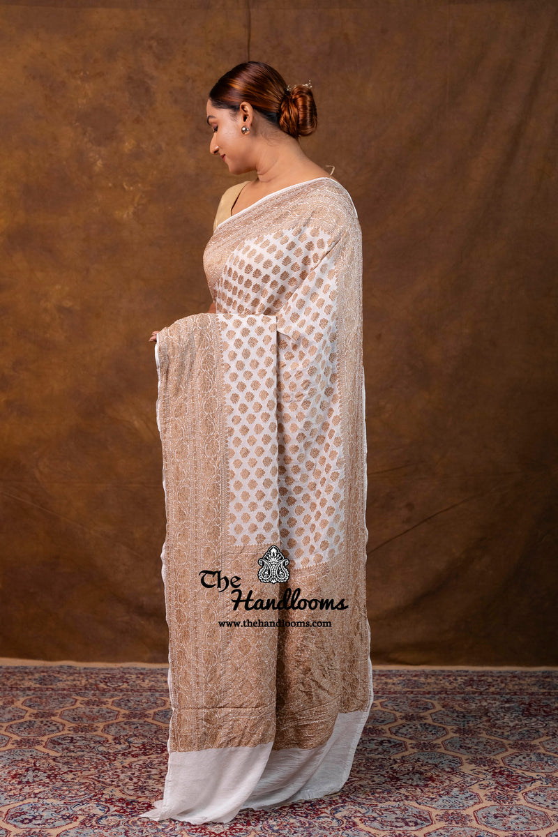 White Pure Khaddi Georgette Handloom Banarasi Saree - Antique Zari
