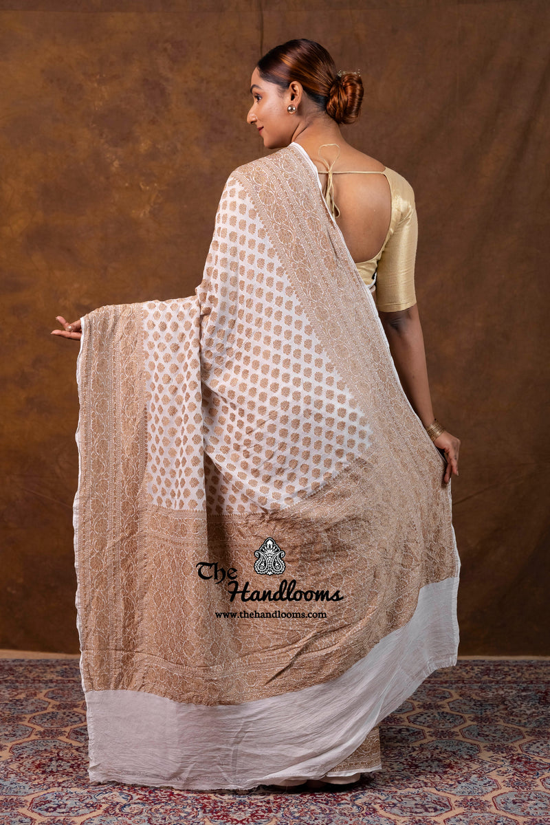White Pure Khaddi Georgette Handloom Banarasi Saree - Antique Zari