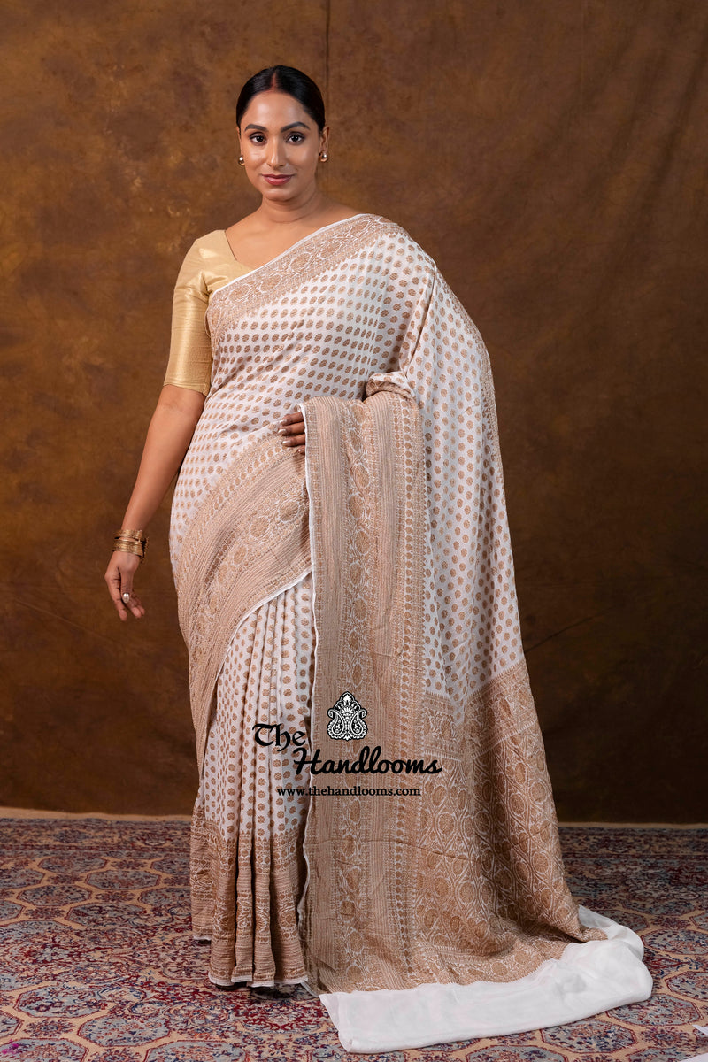 White Pure Khaddi Georgette Handloom Banarasi Saree - Antique Zari