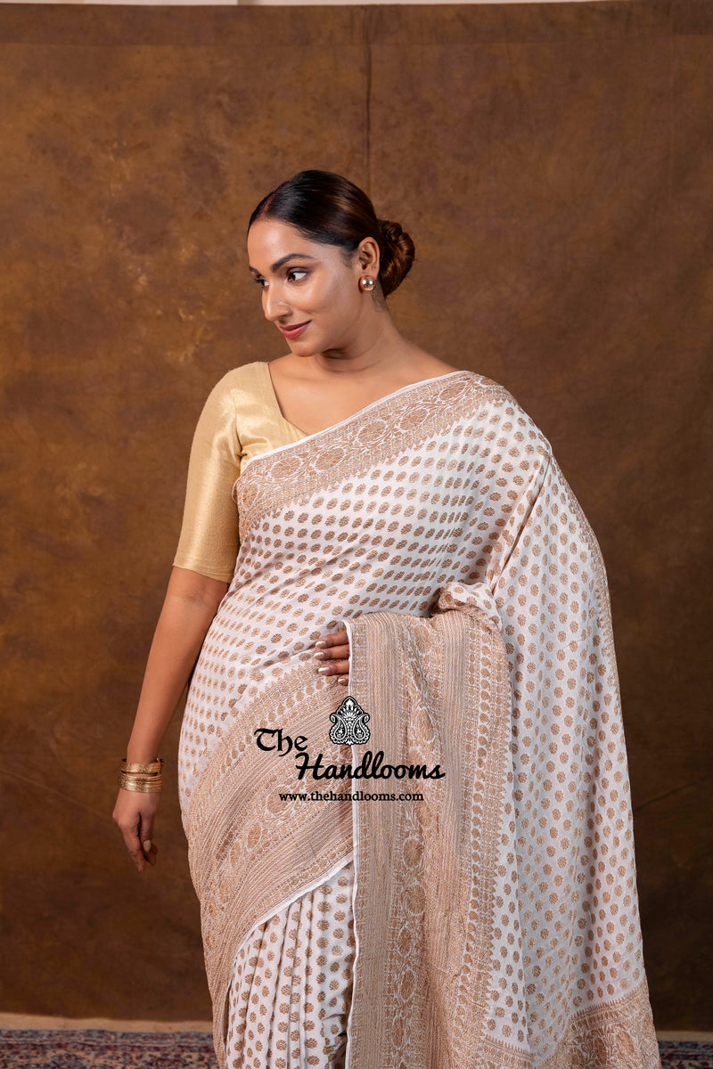 White Pure Khaddi Georgette Handloom Banarasi Saree - Antique Zari