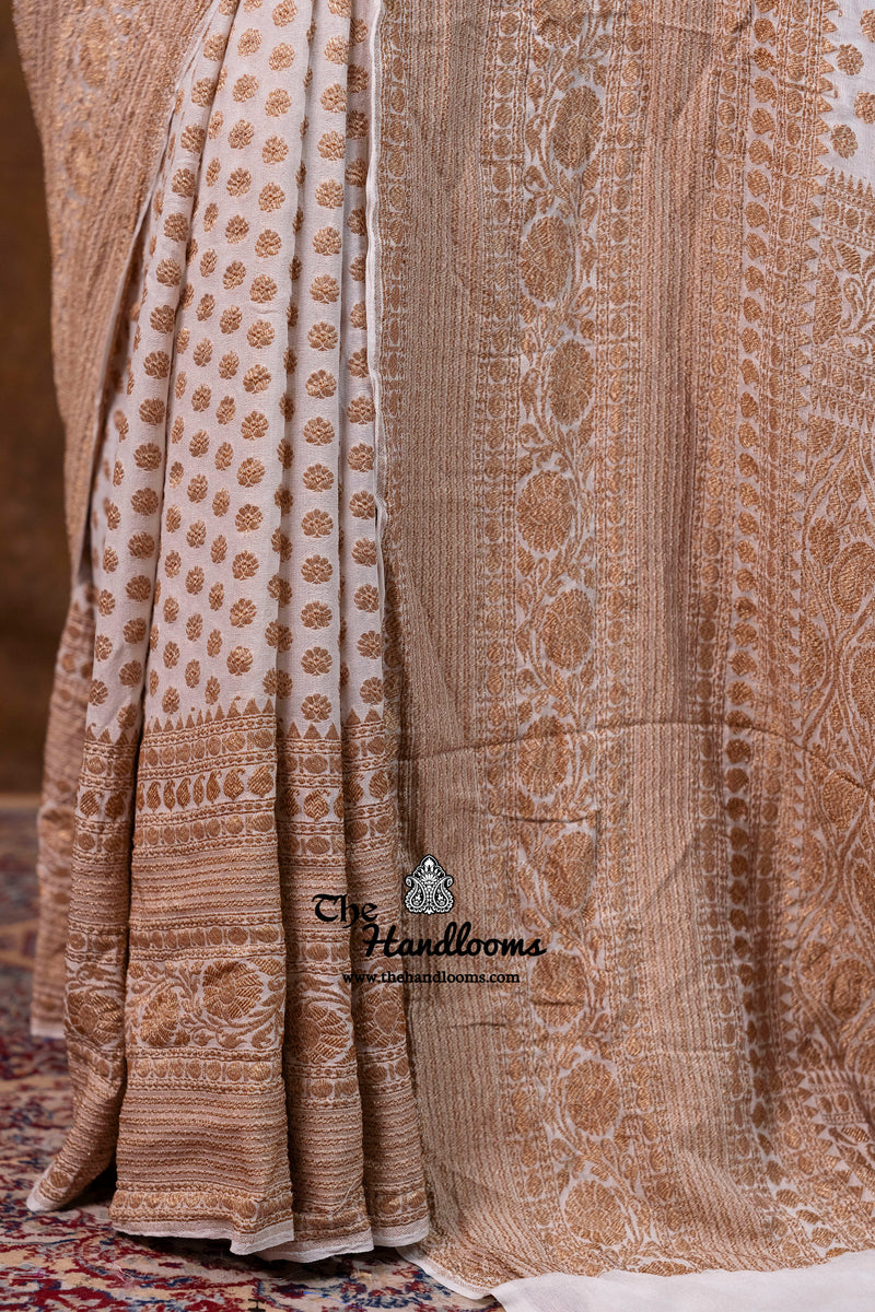 White Pure Khaddi Georgette Handloom Banarasi Saree - Antique Zari