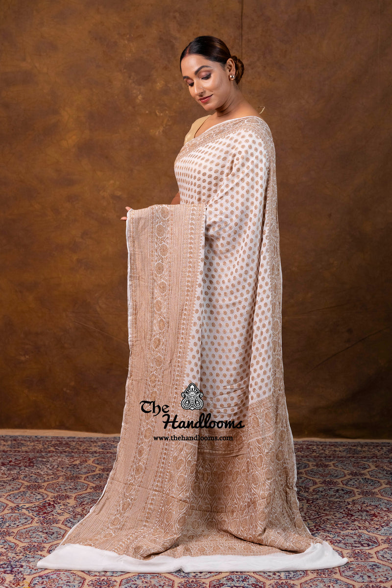 White Pure Khaddi Georgette Handloom Banarasi Saree - Antique Zari