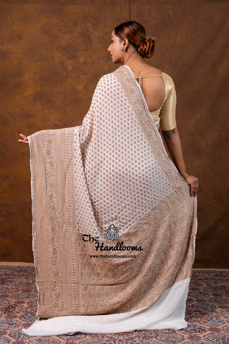 White Pure Khaddi Georgette Handloom Banarasi Saree - Antique Zari