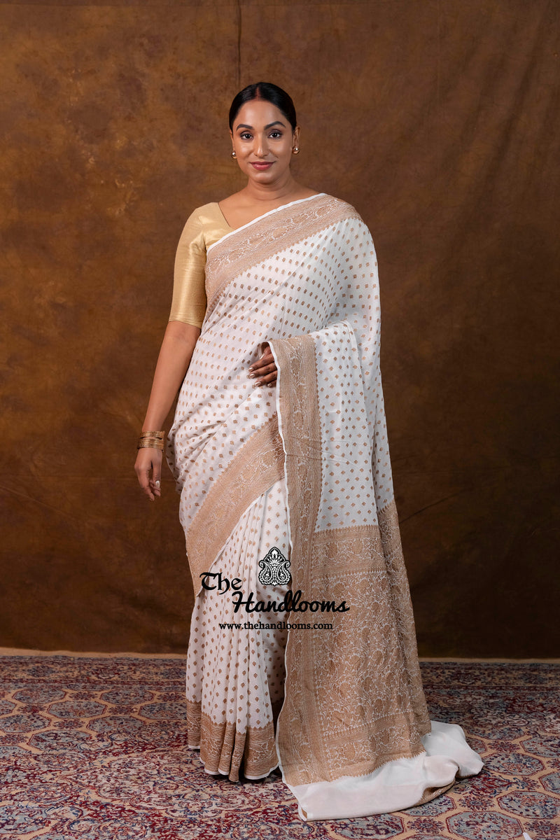 White Pure Khaddi Georgette Handloom Banarasi Saree - Antique Zari